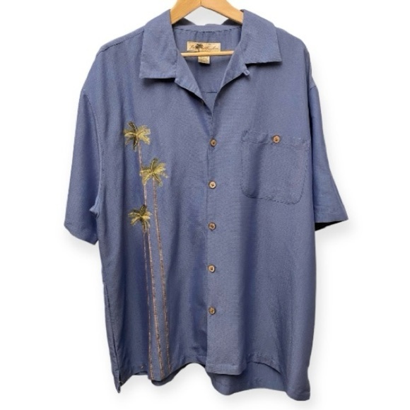 Joe Marlin XL Aloha Mens Hawaiian Shirt Blue Embroidered Palm Trees Coconut - Picture 1 of 9
